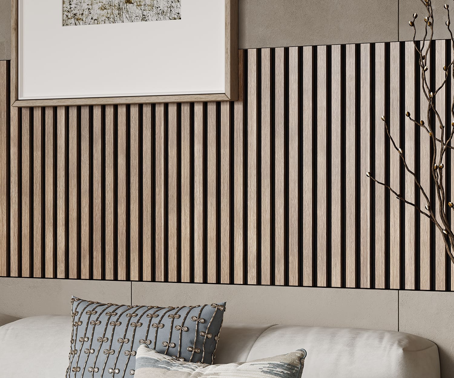 МДФ стеновая панель акустическая Cosca Decor Сканди Ясень Тирамису черный войлок 1200×600×19 фото в интерьере